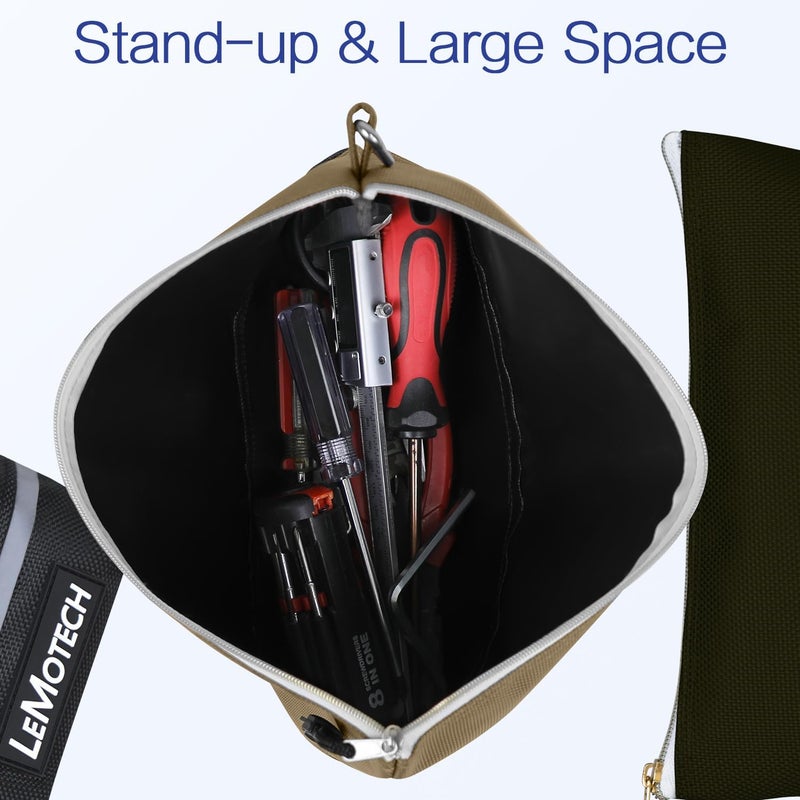 LeMotech Tool Pouches with Zipper, Water Resistant Small Tool Bags, 1680D Oxford Utility Bag for Tool Organizers and Storage, Khaki/Black/Dark Green 3 Pack - Image 5